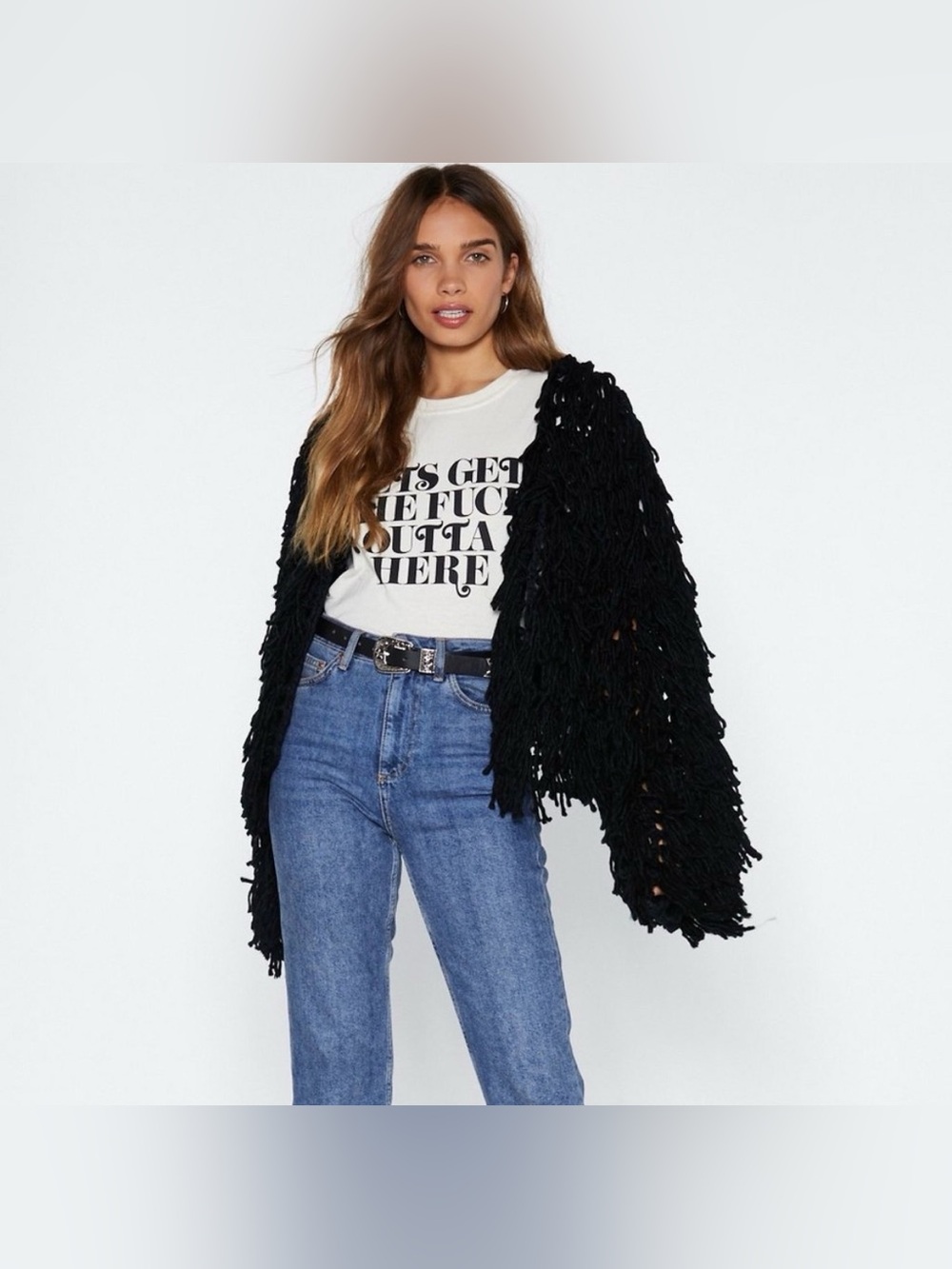 Nasty Gal Black Fringe Open-Front Women’s Sweater